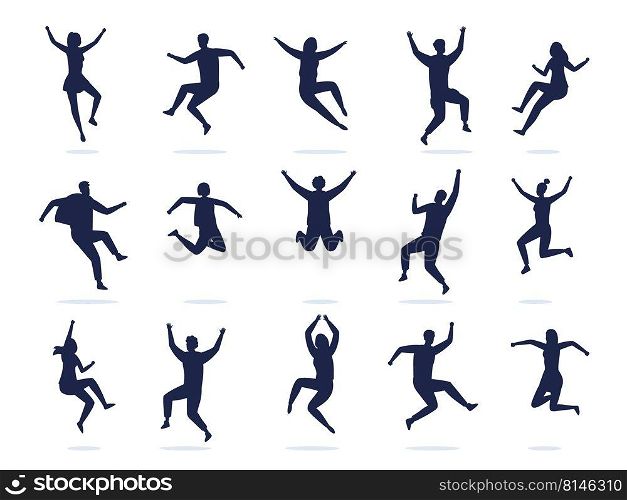Jumping people silhouette. Happy active dancing men and women celebrating and have fun. Vector black symbols of boys and girls enjoy party. Cheerful male and female characters in motion. Jumping people silhouette. Happy active dancing men and women celebrating and have fun. Vector black symbols of boys and girls enjoy party