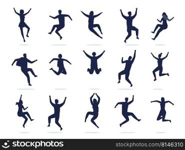 Jumping people silhouette. Happy active dancing men and women celebrating and have fun. Vector black symbols of boys and girls enjoy party. Cheerful male and female characters in motion. Jumping people silhouette. Happy active dancing men and women celebrating and have fun. Vector black symbols of boys and girls enjoy party