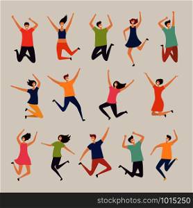 Jumping people. Young and adult laughing happy group characters vector flat illustrations. Happy character person, together jump people. Jumping people. Young and adult laughing happy group characters vector flat illustrations