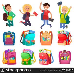Jumping pupils with backpack, school bag with pen and pencil, paints and tassel, notebook sign. Smiling girl and boy, education element, classmates vector. Back to school concept. Flat cartoon. Classmates and Backpack, School Object Vector