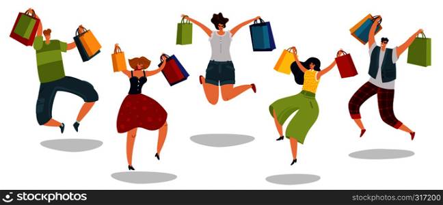 Jumping shopping people. Happy customers with gift bags supermarket men women shoppers in jump retail vector isolated cartoon concept. Jumping shopping people. Happy customers with gift bags supermarket men women shoppers in jump vector isolated concept