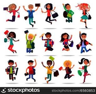 Jumping smiling people with bags and books in raised hands. Collection of students full of joy and delight about passing exams well on white. Vector illustration of students freedom and happiness. Jumping Happy People with Bags and Books in Hands