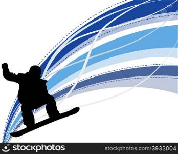 Jumping snowboarder silhouette over abstract line background. Vector illustration.