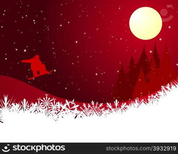 Jumping snowboarder silhouette over red night winter forest. Vector illustration.