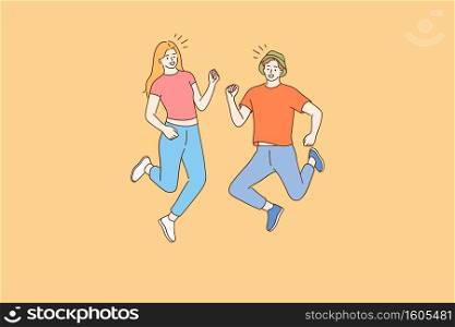 Jumping teens, happiness, having fun concept. Happy boy and girl brother sister or friends jumping together and having fun. Summertime fun leisure activity at weekend holiday illustration. Jumping teens, happiness, having fun concept