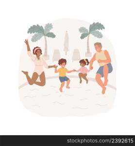 Jumping to the pool isolated cartoon vector illustration Happy family holding hands, parents and kids jumping in a swimming pool together, summer vacation fun, holiday resort vector cartoon.. Jumping to the pool isolated cartoon vector illustration