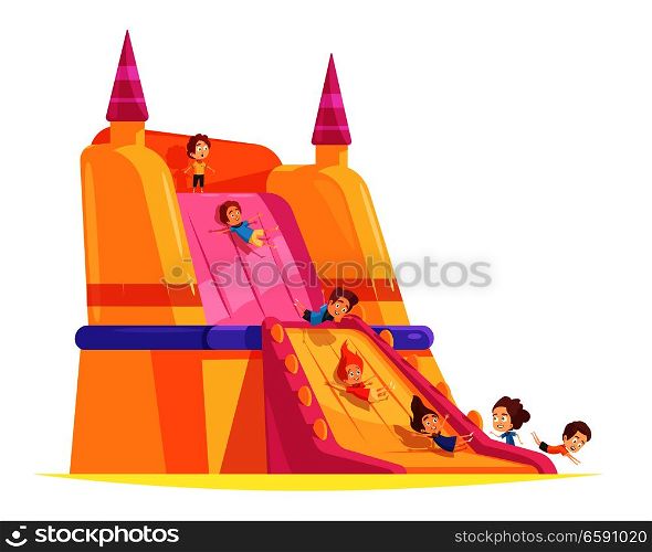 Jumping trampolines composition with images of huge flow spreading hump and cartoon human characters of kids vector illustration. Trampoline Kids Attraction Composition