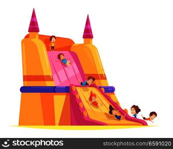 Jumping trampolines composition with images of huge flow spreading hump and cartoon human characters of kids vector illustration. Trampoline Kids Attraction Composition