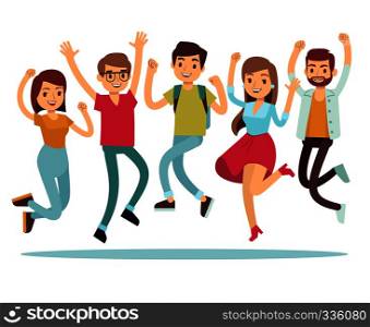 Jumping young happy people in casual clothes. Flat vector characters set. People jump, boy and girl person illustration. Jumping young happy people in casual clothes. Flat vector characters set