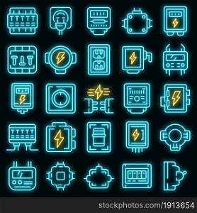 Junction box icons set. Outline set of junction box vector icons neon color on black. Junction box icons set vector neon