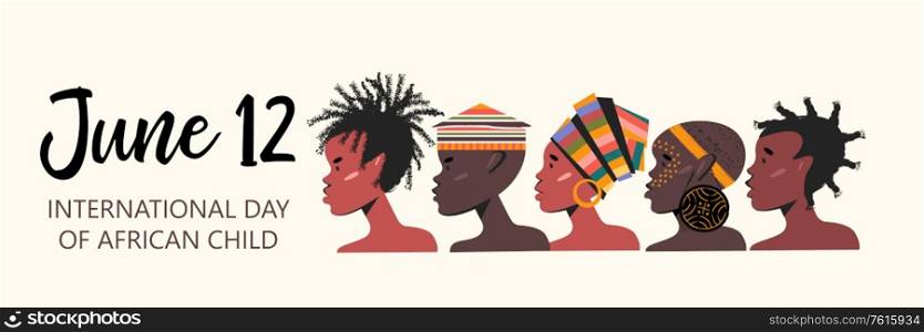 June 12 is the international day of the African child. Profile portraits of African boys and girls. Vector illustration, banner.. June 12. International day of the African child. Vector illustration, banner.