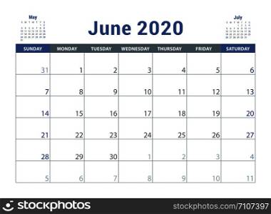 June 2020 calendar. English planner. ?olor vector template. Week starts on Sunday. Business planning. New year calender. Clean minimal table. Simple design