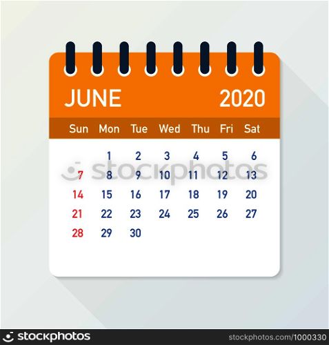 June 2020 Calendar Leaf. Calendar 2020 in flat style. Vector stock illustration.. June 2020 Calendar Leaf. Calendar 2020 in flat style. Vector illustration.
