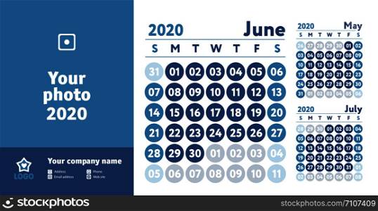 June 2020 calendar. New year planner design. English calender. Blue color vector template. Week starts on Sunday. Business planning.
