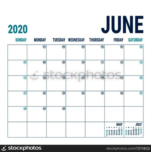 June 2020. Calendar planner. English calender template. Vector square grid. Office business planning. Creative design. Blue color