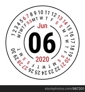 June 2020. Vector English ?alendar. Round calender. Week starts on Sunday. Design template. Circle. Sixth month