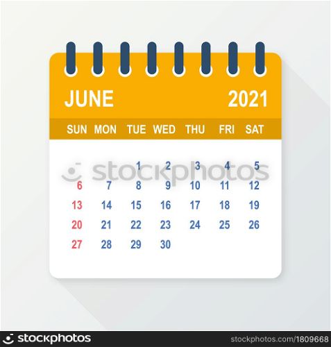 June 2021 Calendar Leaf. Calendar 2021 in flat style. Vector illustration. June 2021 Calendar Leaf. Calendar 2021 in flat style. Vector illustration.