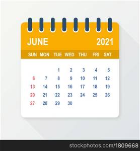 June 2021 Calendar Leaf. Calendar 2021 in flat style. Vector illustration. June 2021 Calendar Leaf. Calendar 2021 in flat style. Vector illustration.