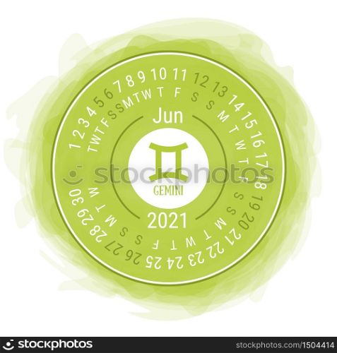 June 2021. Vector English ?alendar. Zodiac sign. Gemini. Astrological symbol. Zodiacal color vector horoscope. Watercolor kid&rsquo;s sketch doodle style. Hand drawn frame. Round calender. Smoky circle