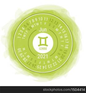 June 2021. Vector English ?alendar. Zodiac sign. Gemini. Astrological symbol. Zodiacal color vector horoscope. Watercolor kid&rsquo;s sketch doodle style. Hand drawn frame. Round calender. Smoky circle