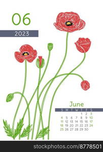 June calendar 2023 year. Poppy botanical illustration. Calender design. Hand drawn vector pen or marker doodle sketch. Natural pencil drawing.. June calendar 2023 year. Poppy botanical illustration. Calender design. Hand drawn vector pen or marker doodle sketch. Natural pencil drawing