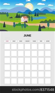 June Calendar Planner month. Minimalistic landscape rural farm natural backgrounds Summer. Monthly template for diary business. Vector isolated illustration. June Calendar Planner month. Minimalistic landscape rural farm natural backgrounds Summer. Monthly template for diary business. Vector isolated