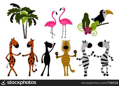 Jungle animals and palm trees. Cartoon zebra, giraffe, flamingo, panda, tiger. Can be used for child book, t-shirt print, poster, greeting card.