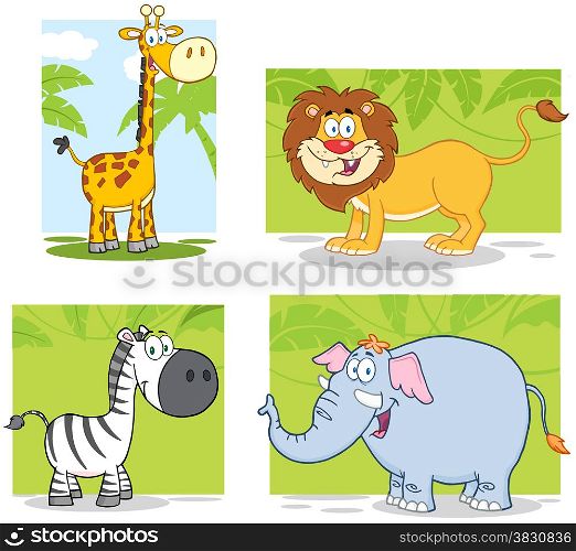 Jungle Animals Cartoon Characters With Background. Collection Set