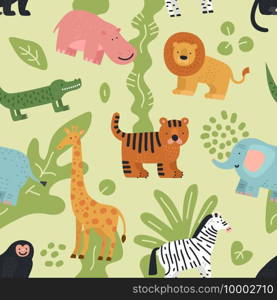 Jungle animals seamless pattern. Lion, crocodile and zebra, elephant and monkey, hippo and giraffe with summer tropical leaves vector texture. Monkey and lion, giraffe and elephant illustration. Jungle animals seamless pattern. Lion, crocodile and zebra, elephant and monkey, hippo and giraffe with summer tropical leaves vector texture