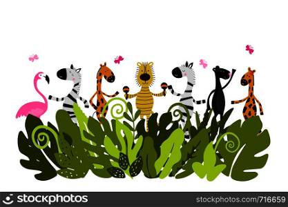 Jungle animals with tropical leaves. Cartoon zebra, giraffe, flamingo, panda, tiger. Can be used for child book, t-shirt print, poster, greeting card.