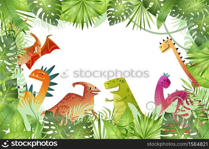 Jungle background. Funny dinosaurs on rainforest background, animal dragon and cute nature reptile in forest, childish bright empty frame or border template, vector cartoon isolated illustration. Jungle background. Funny dinosaurs on rainforest background, animal dragon and cute nature reptile, childish bright empty frame or border template, vector cartoon illustration