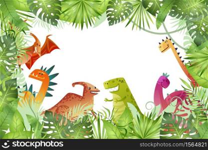Jungle background. Funny dinosaurs on rainforest background, animal dragon and cute nature reptile in forest, childish bright empty frame or border template, vector cartoon isolated illustration. Jungle background. Funny dinosaurs on rainforest background, animal dragon and cute nature reptile, childish bright empty frame or border template, vector cartoon illustration