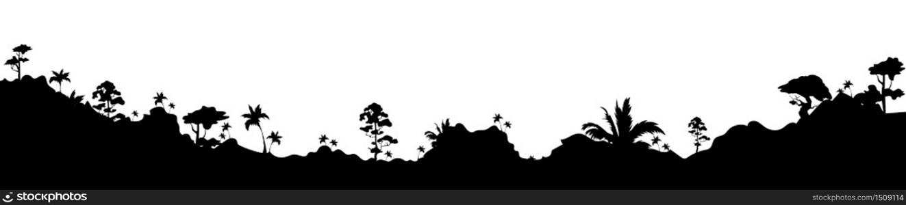 Jungle black silhouette vector illustration. Panoramic valley with trees and bushes. Subtropical meadow foliage with hills. Exotic monochrome landscape. Tropical rainforest 2d cartoon shape