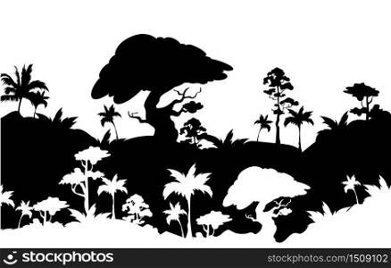 Jungle black silhouette vector illustration. Subtropical rainforest foliage. Trees and palms on hills. Panoramic wild nature. Tropical monochrome landscape. Exotic woods 2d cartoon shape
