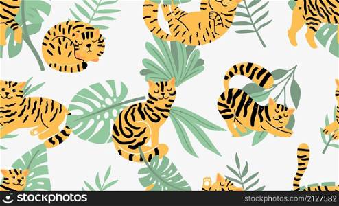 Jungle cats pattern. Black yellow color cat, comic tigers. Wild animals and tropical palm leaves vector seamless texture. Jungle cats pattern