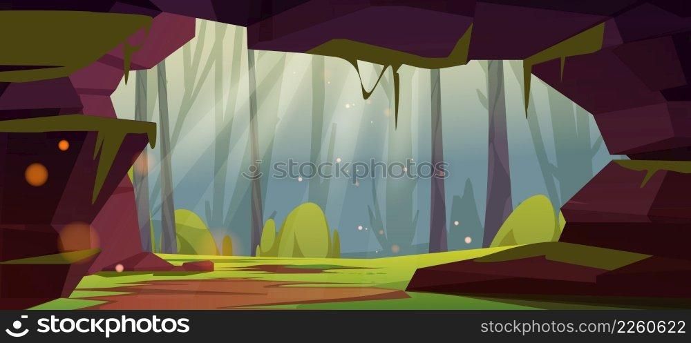 Jungle cave entrance, hole in rock with green trees, grass, moss and hanging lianas view from inside. Cartoon background with hidden underground tunnel or cavern, nature landscape, Vector illustration. Jungle cave entrance, hole in rock with trees