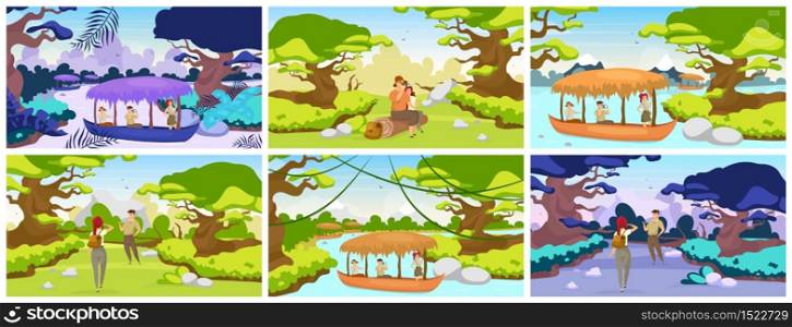 Jungle expedition flat vector illustration. Tourists journey to tropical forest. Couple sitting on log. Trekkers observe panoramic landscape. Group in boat on river. Female and male cartoon characters