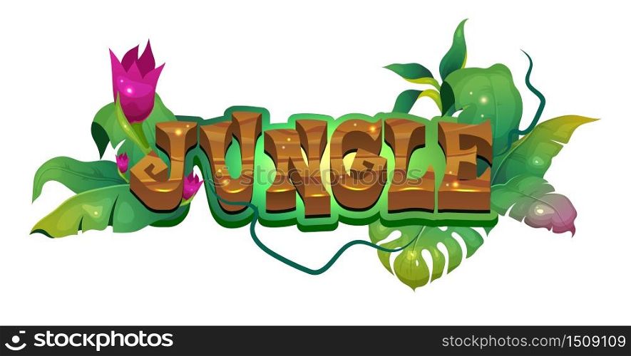 Jungle flat banner vector template. Tropical rainforest. Exotica foliage. Lush greenery with blooming flowers. Fantasy adventure in woods. Sticker lettering isolated on white background