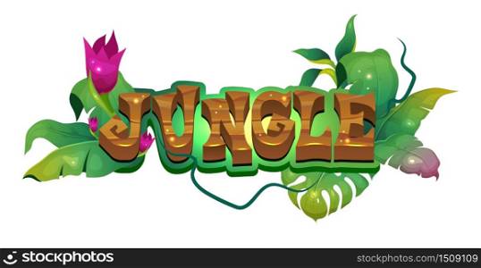 Jungle flat banner vector template. Tropical rainforest. Exotica foliage. Lush greenery with blooming flowers. Fantasy adventure in woods. Sticker lettering isolated on white background