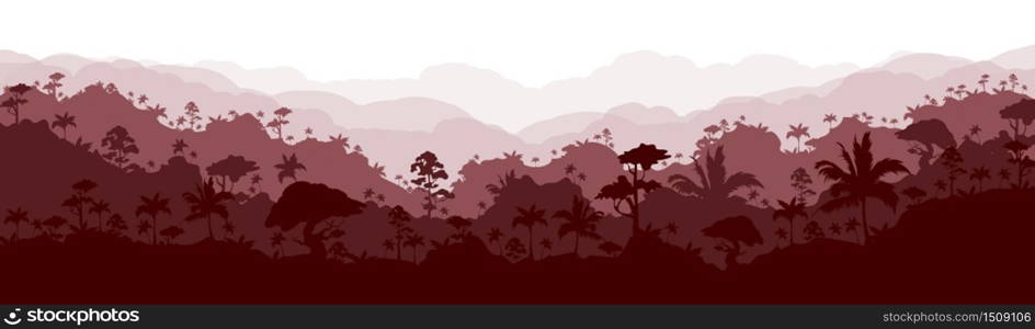 Jungle flat color vector illustration. Brown forest scenery. Grey panoramic woods. Tropical scenic nature. Wet climate environment. Rainforest 2D cartoon landscape with layers on background