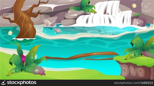 Jungle flat color vector illustration. Clear waterfall. Idyllic pond in exotic woods for recreation and travel. Wild environment. Tropical 2D cartoon landscape with greenery on background