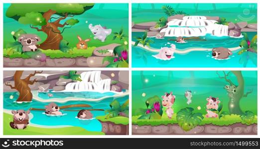 Jungle flat color vector illustrations set. Cute animal babies swim in clear water. Wildlife sanctuary. Conservation with exotic nature. Rainforest oasis. Tropical forest 2D cartoon landscape