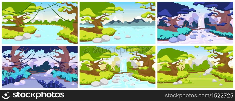 Jungle flat vector illustration. Mediterranean fauna. Tropical forest landscape. Panoramic scene with trees and rivers. Exotic wild land. Amazon waterfall. Rainforest cartoon background