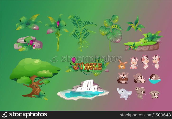 Jungle flora and fauna cartoon vector objects set. Rainforest plants constructor. Color illustrations collection. Koala, lamb and beaver cute animals pack isolated on green and violet background. Jungle flora and fauna cartoon vector objects set