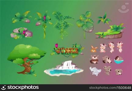 Jungle flora and fauna cartoon vector objects set. Rainforest plants constructor. Color illustrations collection. Koala, lamb and beaver cute animals pack isolated on green and violet background. Jungle flora and fauna cartoon vector objects set