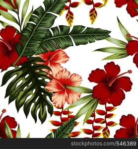 Jungle flowers and plants white background. Seamless pattern