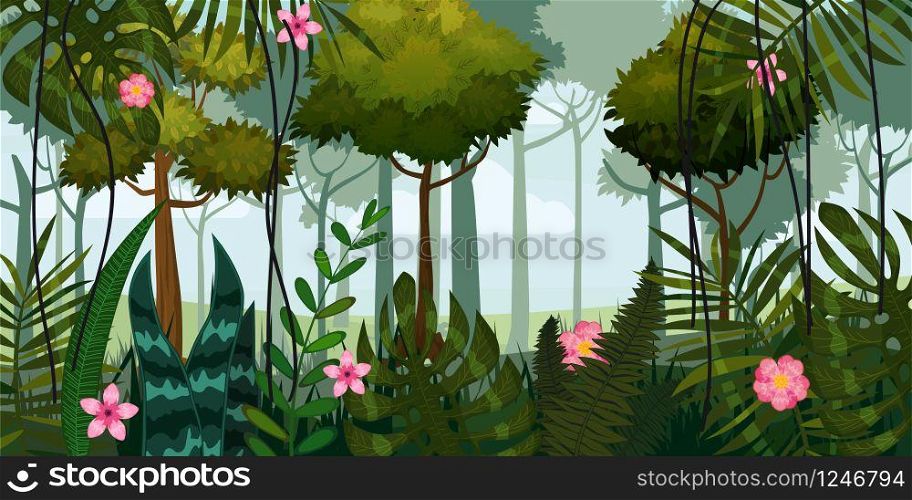 Jungle forest and flowers. Trees, leaves flowers parallax. Jungle forest and flowers. Trees, leaves, flowers, parallax. Template for video and web design, apps, online games, print. Poster, baner, vector, isolated, cartoon style