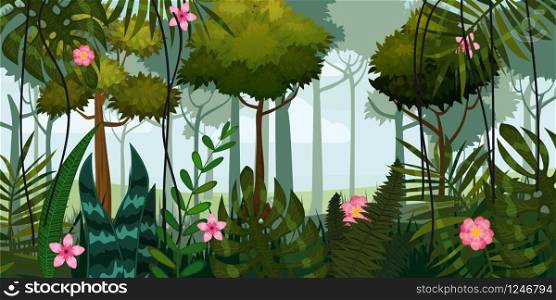 Jungle forest and flowers. Trees, leaves flowers parallax. Jungle forest and flowers. Trees, leaves, flowers, parallax. Template for video and web design, apps, online games, print. Poster, baner, vector, isolated, cartoon style