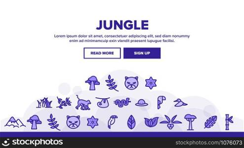 Jungle Forest Landing Web Page Header Banner Template Vector. Jungle Animal And Plants, Monkey And Snake, Parrot And Wild Cat Illustration. Jungle Forest Landing Header Vector