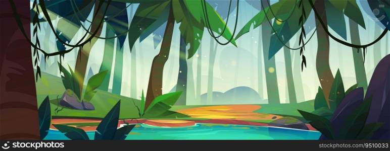 Jungle forest landscape with river and trees. Nature background with tropical rainforest with lake or swamp, green plants, palm trees and bushes, vector cartoon illustration. Jungle forest landscape with river and trees